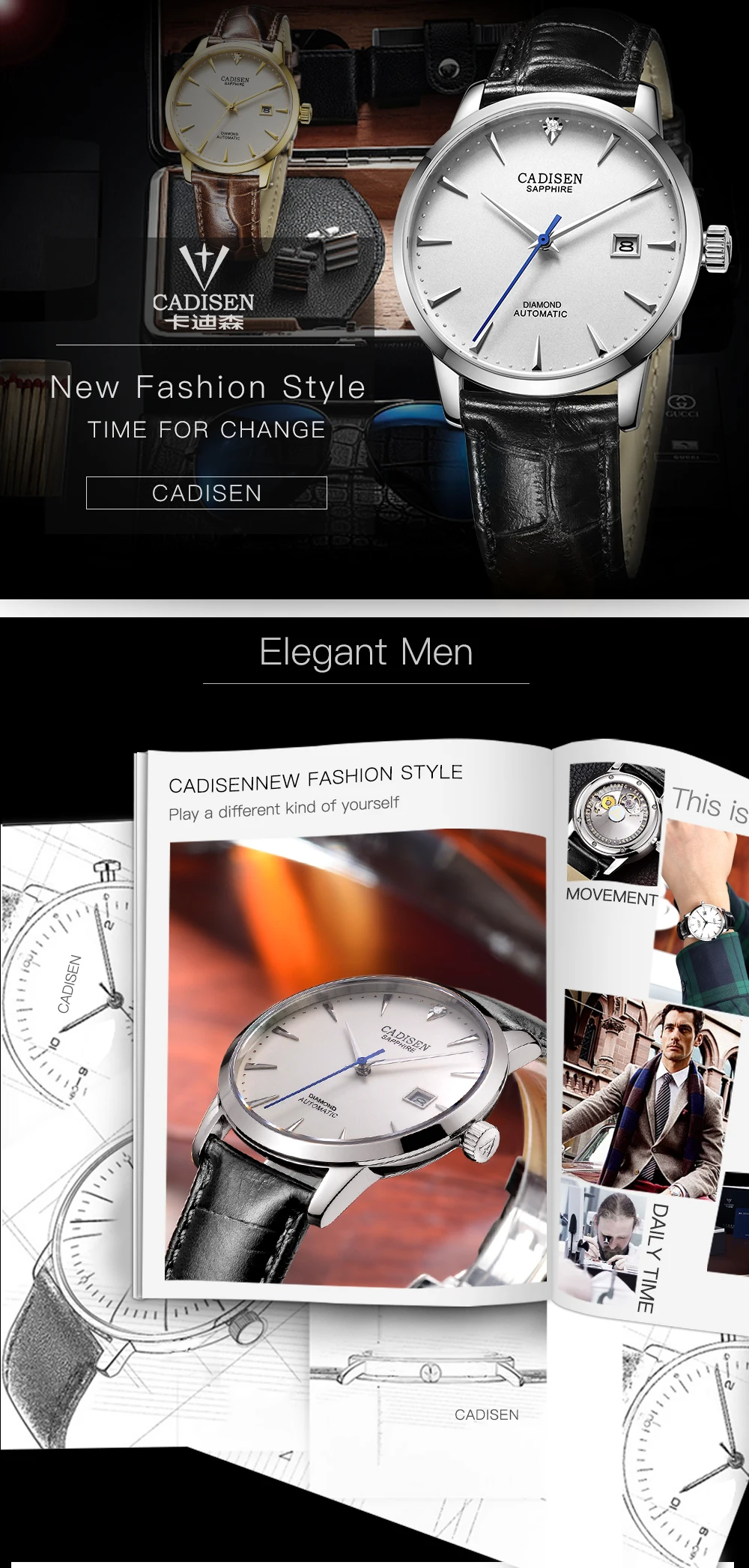 Cadisen наручные часы для мужчин Топ бренд класса люкс известный мужской часы автоматические часы золотые наручные часы Relogio Masculino