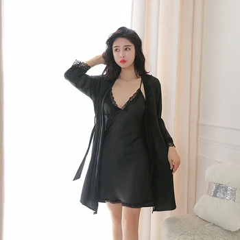 

Sexy Sleep Wear Sets Bathrobe+Mini Night Dress Sets Lace V-Neck Sleepwear Suits Spring Summer Robe & Gown Sets