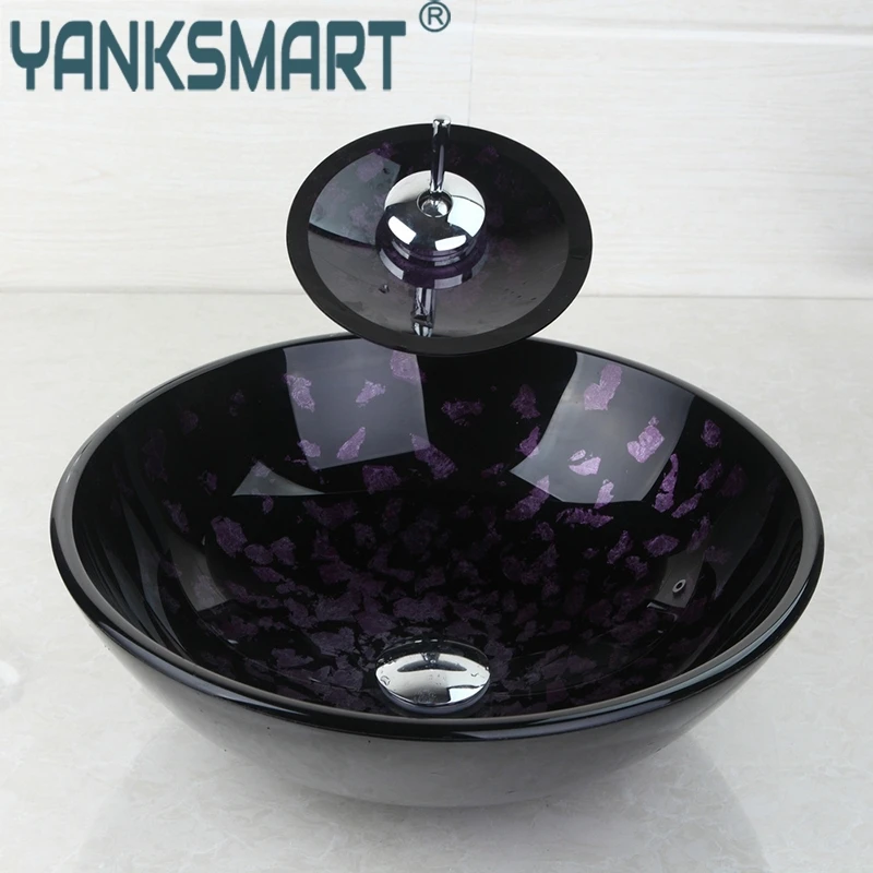 

YANKSMART Modern Luxury Tempered Glass Basin Sink Hand Painting Finish Artistic Vessel Sink Bowl With Waterfall Faucet Set