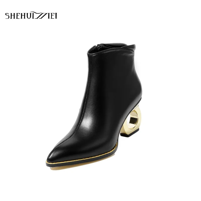 

SHEHUIMEI Autumn Winter Short Booties Woman Real Leather Strange High Heeled Ankle Boots Pink Shoes Female Ankle Boots Footwear