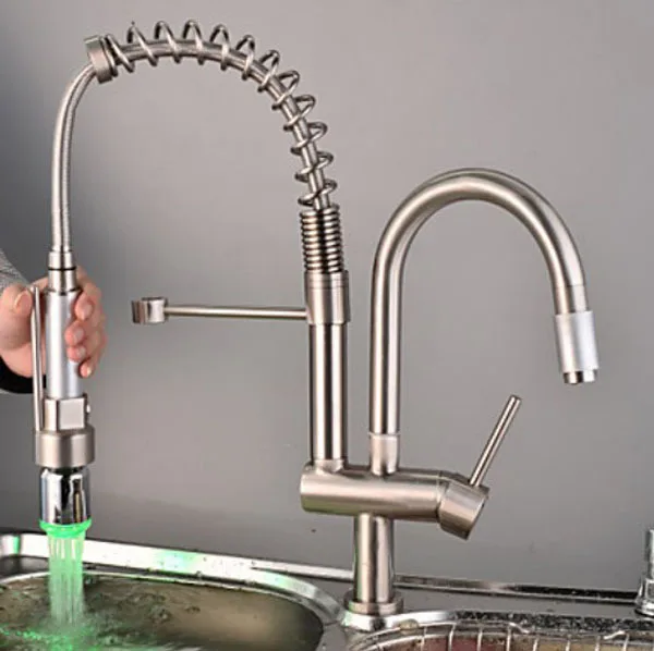 Special Offers Brushed Nickel LED Kitchen Faucet Pull out Spray w/ Two Spouts single hole tap