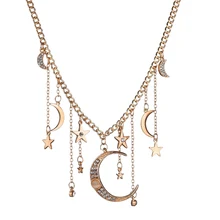 MissCyCy, бохо, золотой цвет, стразы, Луна и звезда, подвеска, ожерелье для женщин, модное, очаровательное колье, ожерелье, вечерние ювелирные изделия