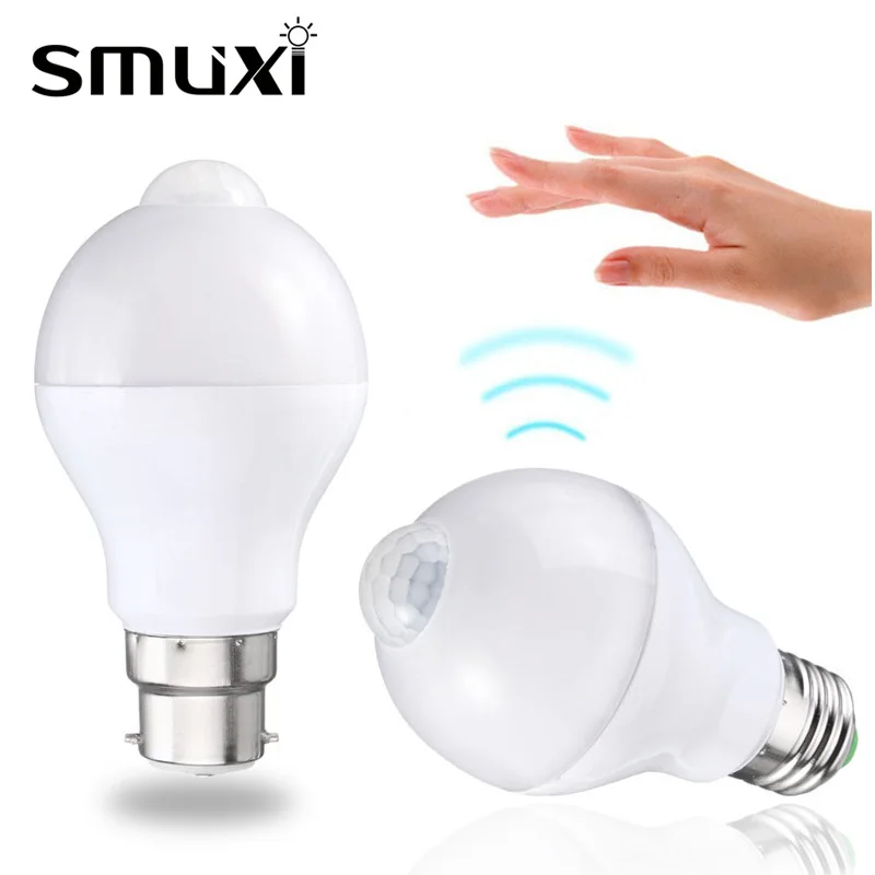 Smuxi Motion Sensor LED Light Bulb E27 B22 5W/7W/12W Smart PIR Sensor LED Lamp Bulb Auto On/Off Night Lighting AC85V~265V ledgle 7w led bulb smart motion sensor light bulb indoor outdoor e27 bulb with motion detector wide beam angle daylight white