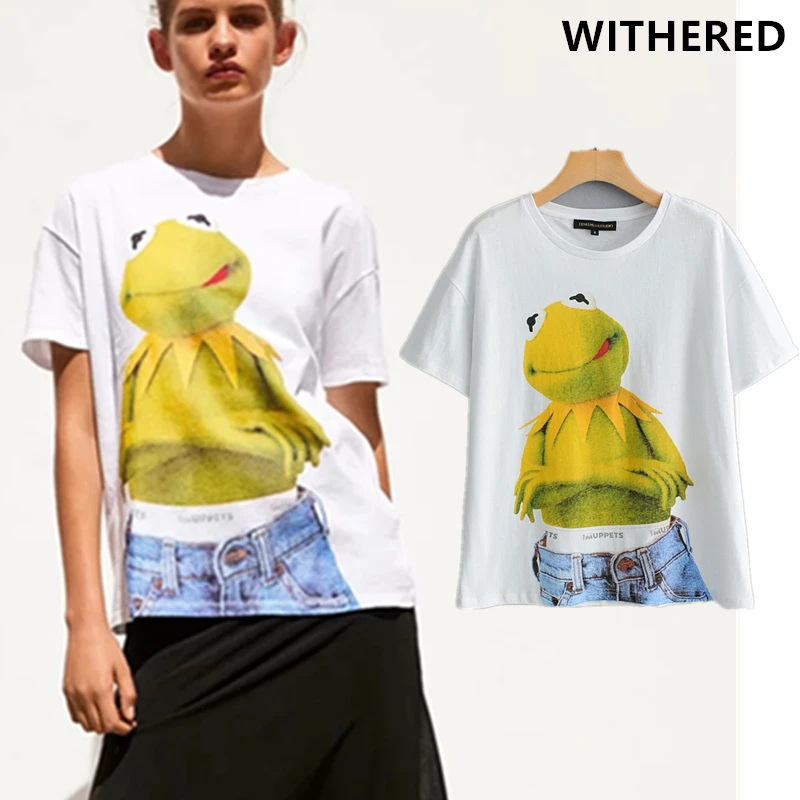 

Withered harakuju summer t shirt women high street animal cartoon printing cute o-neck short sleeve Frog tshirt women tops