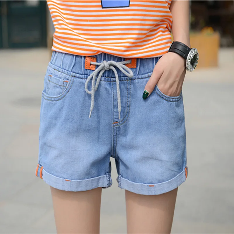 Летние женские джинсовые шорты с высокой талией и эластичными дырками, Свободные повседневные шорты размера плюс с широкими штанинами