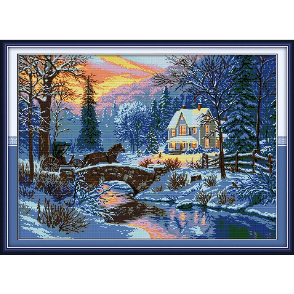 Joy Sunday,Winter snow scene,cross stitch embroidery set,printing cloth embroidery kit,needlework,DIY cross stitch embroidery (1)