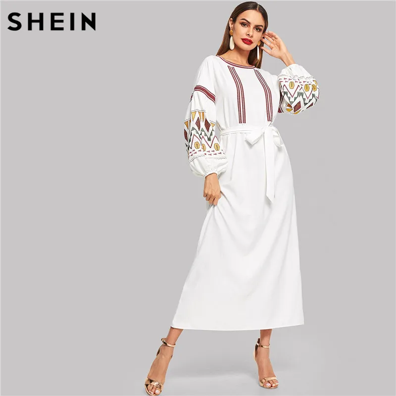 SHEIN Платье С Поясом С Фонарными Рукавами Весна Осень Бежевый Природа Талии Вышитые С Длинным Рукавом Женщины Длинные Платья