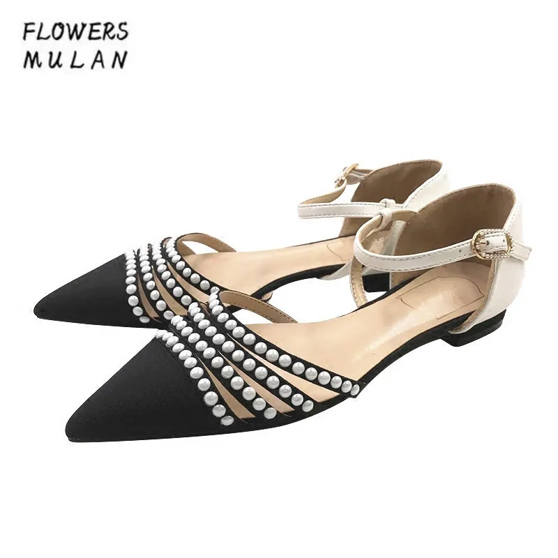 

New Fashion Name Brand Sandals Women Pointed Toe Patchwork MIxed Color Suede Leather Upper Shoes Woman Summer Pearl Footwear