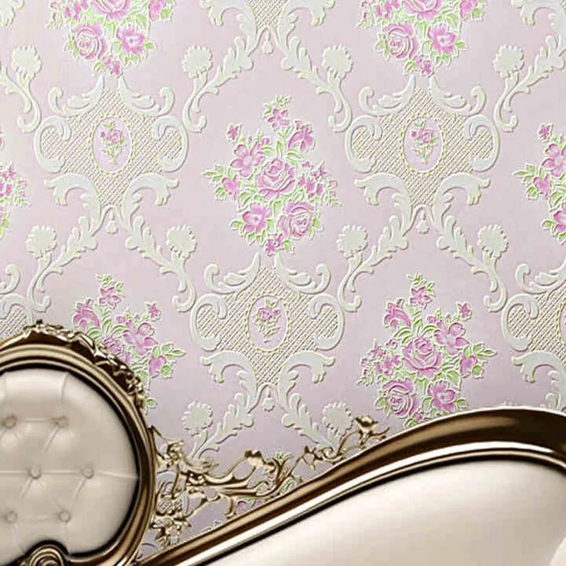 

Free Shipping European style garden flowers non - woven relief bedroom wedding room wallpaper romantic pink purple wallpaper