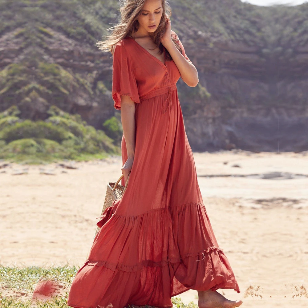 

KIYUMI Dress Women Cotton Maix Dress V-Neck Short Sleeve Splice Lace Up 2019 Casual Loose Elegant Red Beach Women Summer Dresses