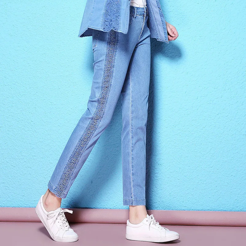 Pantalones elásticos de encaje para mujer, jeans transpirables con bordado calado, longitud hasta el tobillo, verano y otoño, NW17C1200|Pantalones vaqueros| - AliExpress