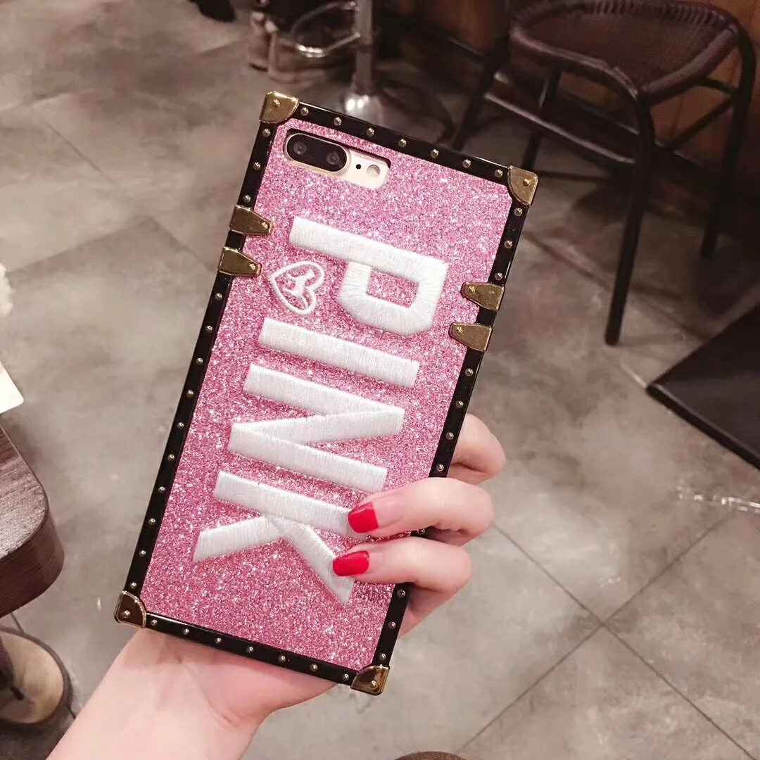 ONEPLANT роскошный чехол с вышивкой 3D розовыми буквами для iphone 7 8 6 6s Plus Блестящий металлический квадратный чехол для телефона s для iphone X XR XS MAX
