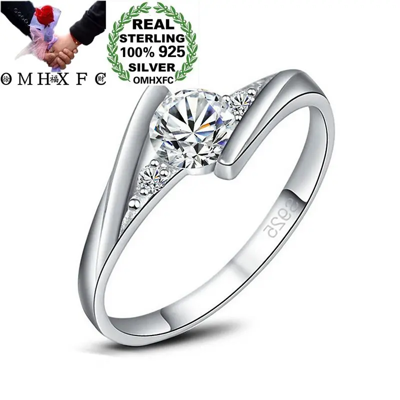 

OMHXFC Wholesale European Fashion Woman Girl Party Birthday Wedding Gift White Round Zircon 100% S925 Sterling Silver Ring RS87