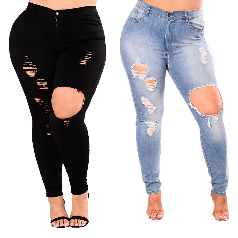 Women Skinny Jeans Big Size Black Blue Stretch Ripped Denim Trousers Distressed Hole Pencil Female Long Elastic Denim Pants 4XL Women Skinny Jeans Big Size Black Blue Stretch Ripped Denim Trousers Distressed Hole Pencil Female Long Elastic Denim Pants 4XL
