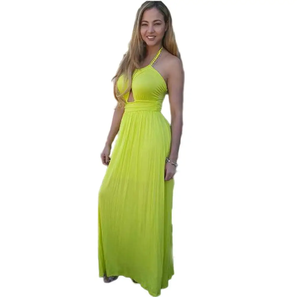 JRRY Summer Casual Long Yellow Dresses Backless Women Halter Maxi Dress Vestidosin Dresses from