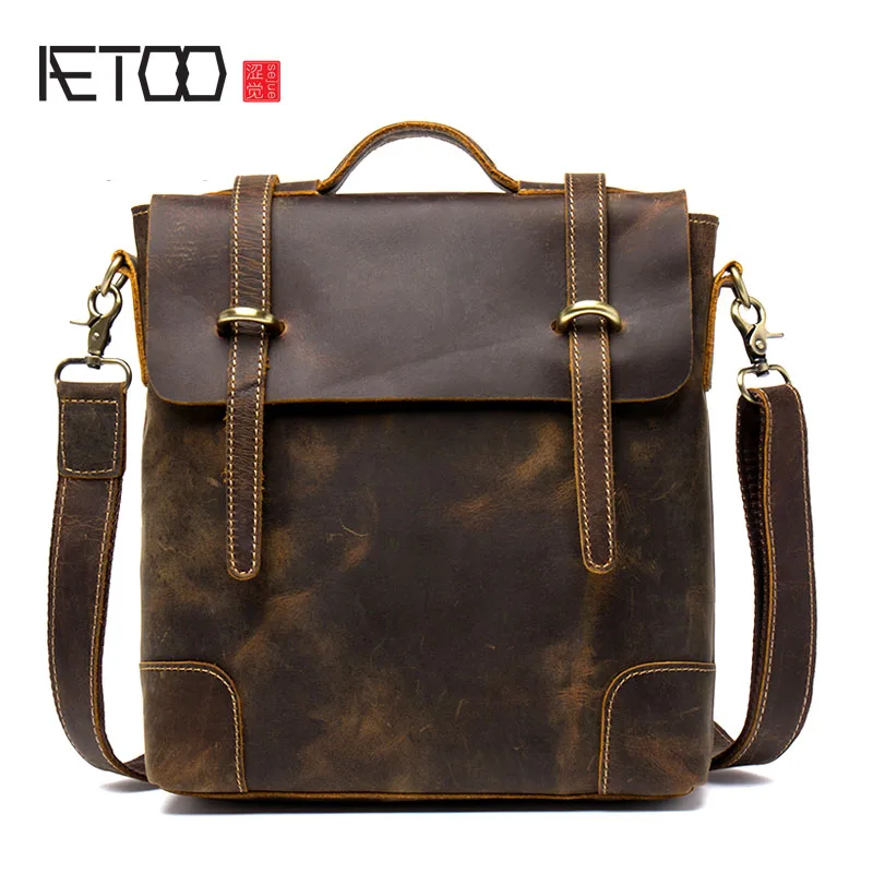 

AETOO Retro Handmade Crazy Horse Leather Men's Handbag Shoulder Messenger Bag Head Cattle Leather File Handbag
