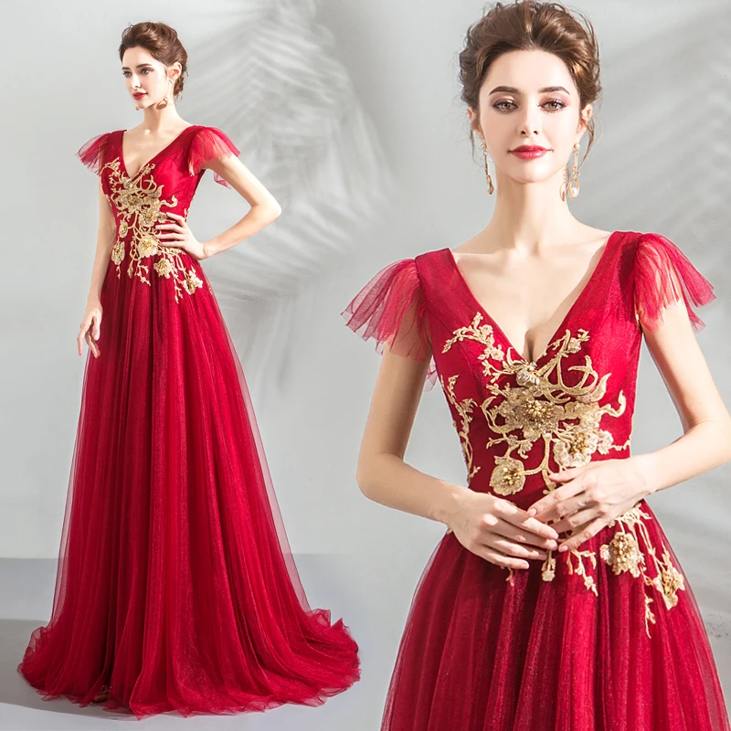 

It's YiiYa Evening Dress V-neck Gold Embroidery Flowers Crystal Beading Wedding Party Dress Wine Red Long Formal Prom Gowns E160