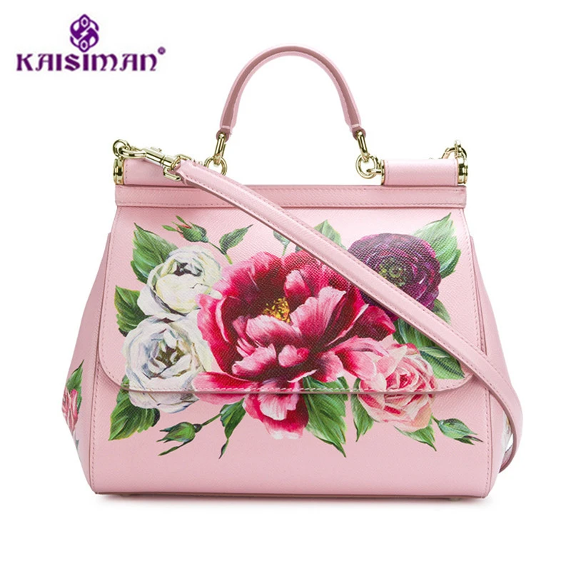 

Luxury Brands Sicily Elegant Lady Bag Colorful Rose Flower Print Tote Handbag Genuine Leather Women Pink Messenger Shoulder Bags