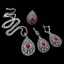 HENSEN Nueva Llegada Hight Quality Turco Joyería de Plata Antiguo Plateado Vintage Red Resina Water Drop Juegos de Joyería de Moda