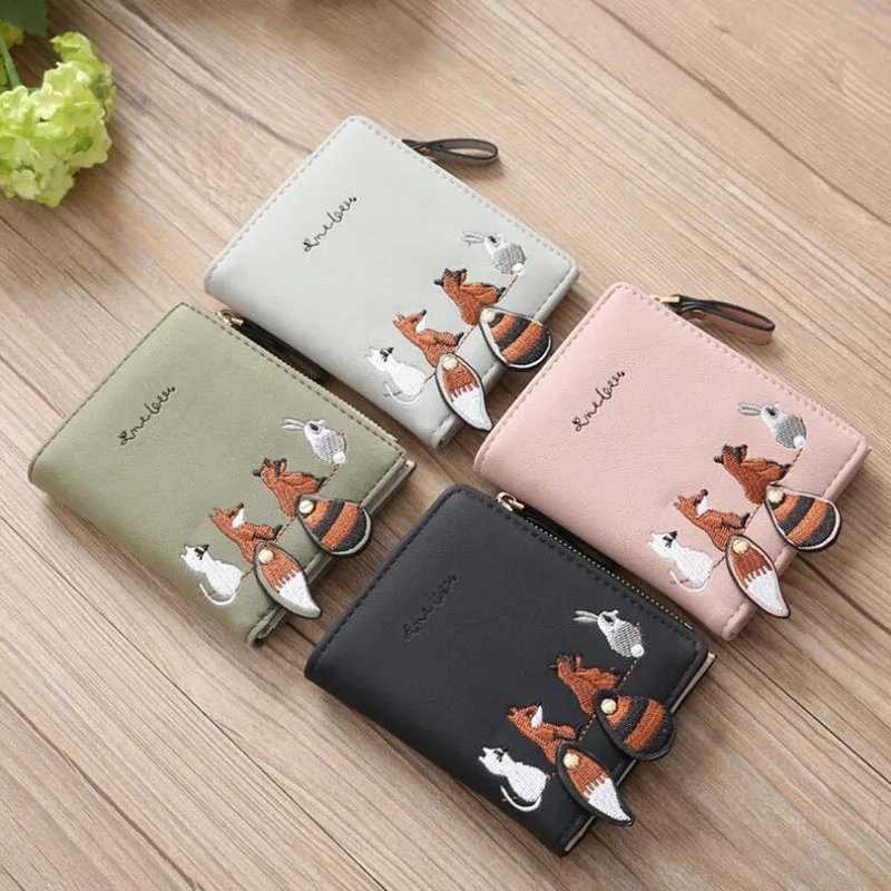 New Fashion Female Wallet Short Embroidery Animal Pattern Women Wallets Pink Green Black Gray Womens Wallets And Purses