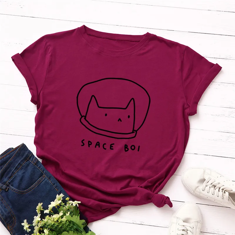Новая женская футболка размера плюс S-5XL с милым космическим котом, хлопок, круглый вырез, короткий рукав, летняя футболка, топы, Повседневная футболка - Цвет: A0482-jiuhong