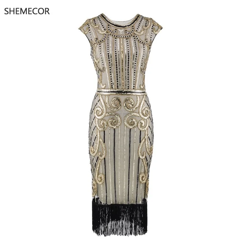 SHEMECOR 1920s Great Gatsby винтажные платья, расшитые блестками и бисером, с круглым вырезом, темно-зеленые, с бахромой, с кисточками, с шипами, шикарные платья, вечерние, для клубных танцев - Цвет: 02