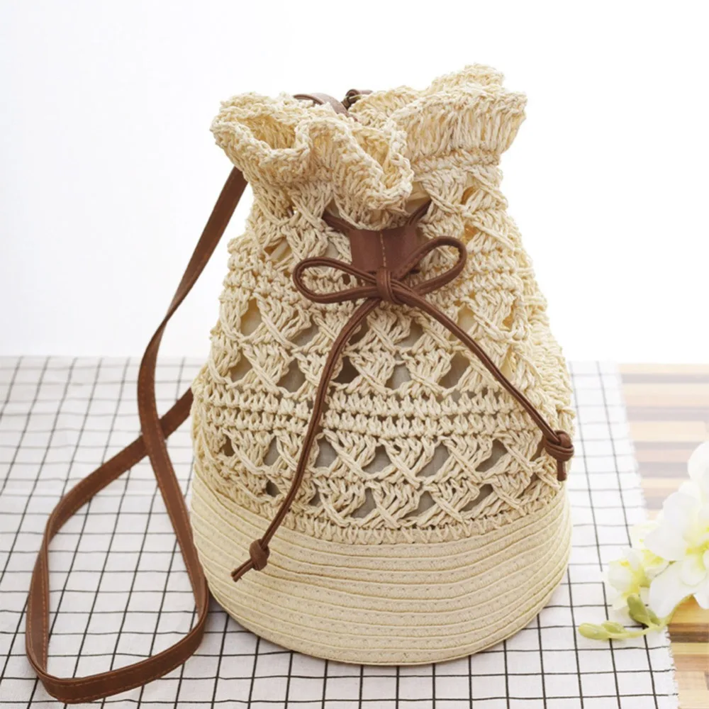 Women Crochet Straw Bucket Drawstring Crossbody Bag Summer Holiday
