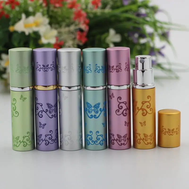 50 개/몫 5ml 나비 패턴 디럭스 여행 리필 미니 향수 아토 마이저 스프레이 향수 병 유리 향기 향기 병