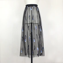 Женская летняя вышивка длинная юбка из фатина Повседневная элегантная Высокая талия Прозрачная Кружевная открытая плиссированная черно-белая юбка миди