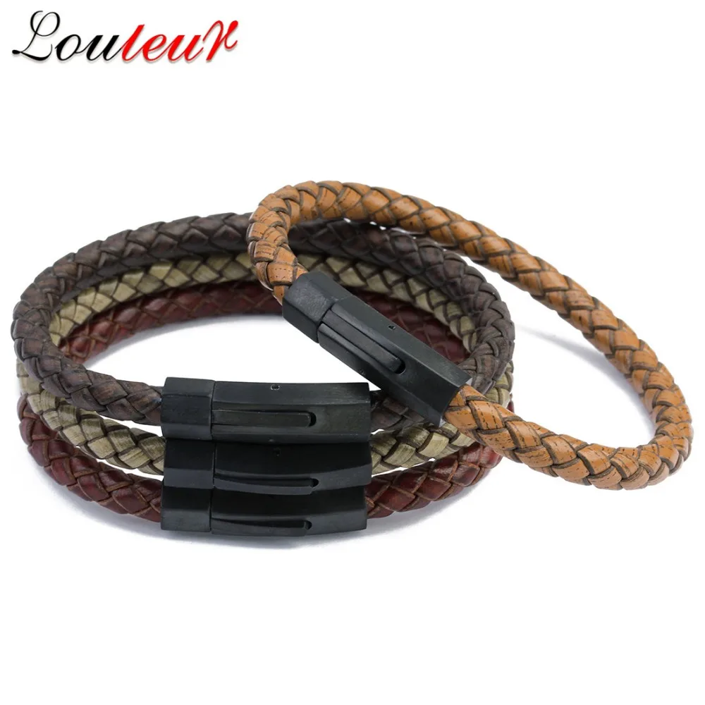 

LOULEUR Vintage Mens Leather Bracelets 2017 Fashion Stainless Steel Magnetic Clasp Genuine Leather Bracelet Men Women Jewelry