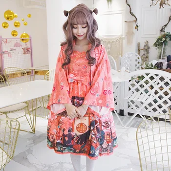 

Free shipping 2019 Dazheng Romantic Dream Tan I Japanese Princess Skirt and Wind Belt Skirt Chiffon Printed Dresses