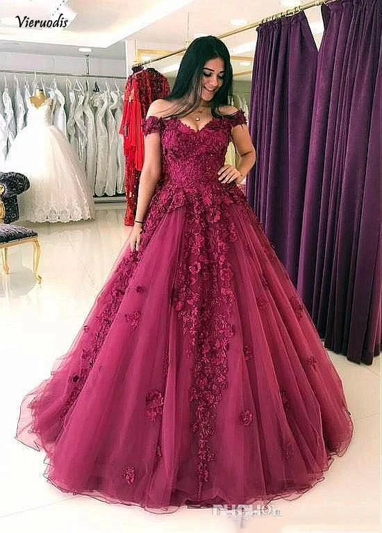 

Long Lace A-line Prom Dresses Off Shoulder 3D Flower Applique Elegant Evening Formal Dresses vestidos de fiesta