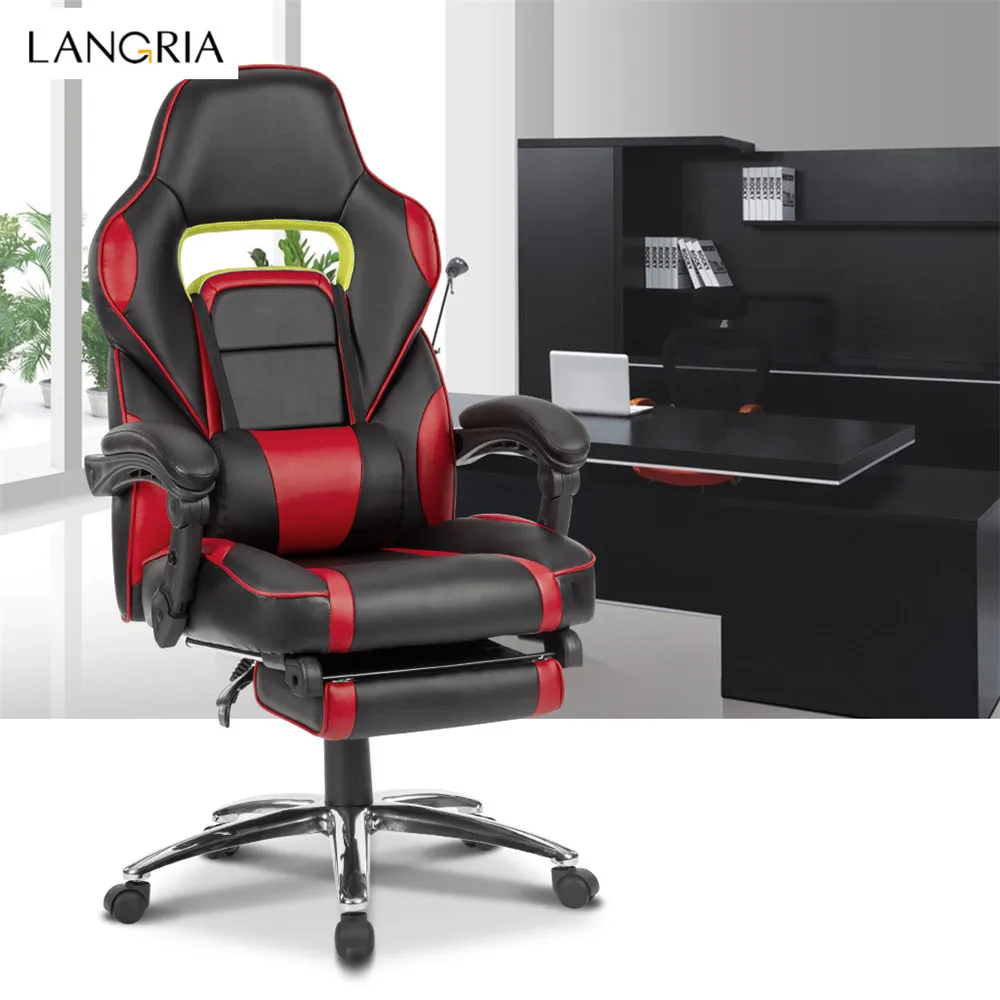 LANGRIA Ergonomic High-Back Faux Leather Racing Style Reclining Computer Gaming Executive Office Chair with Padded Footrest and Lumber Cushion03