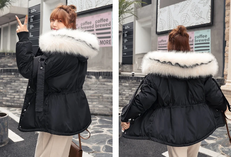 Корейский стиль, зимняя куртка для женщин, с капюшоном, с меховым воротником, верхняя одежда, с хлопковой подкладкой, Женская парка, короткое пальто, модное