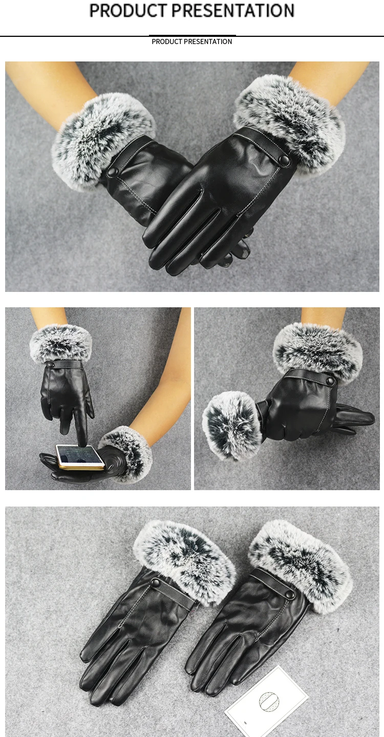 1 пара красивые меха кролика PU кожаные перчатки для Зимние перчатки бренда варежки Luvas женский, черный перчатки для элегантных дам женские