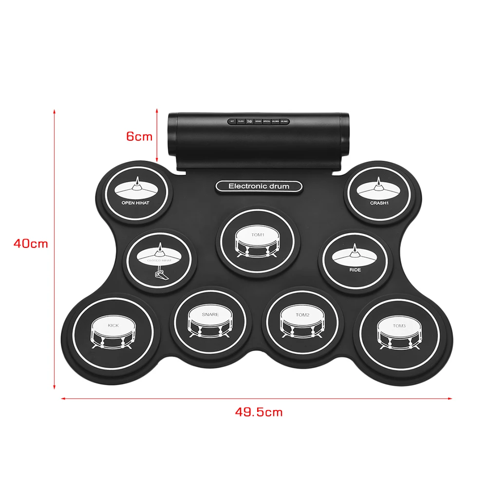 

Portable Stereo Digital Electronic Roll Up Drum Kit 9 Silicon Drum Pads Support MIDI Function Built-in Speakers USB Powered for Beginners Children