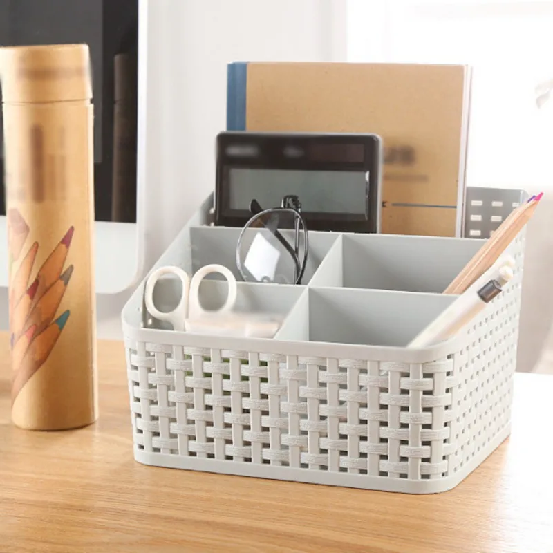 

Storage Baskets Imitation Rattan Five-Grid Multi-Function Desktop Storage Box White Pink Hollow Out Plastic Storage Box Desktop