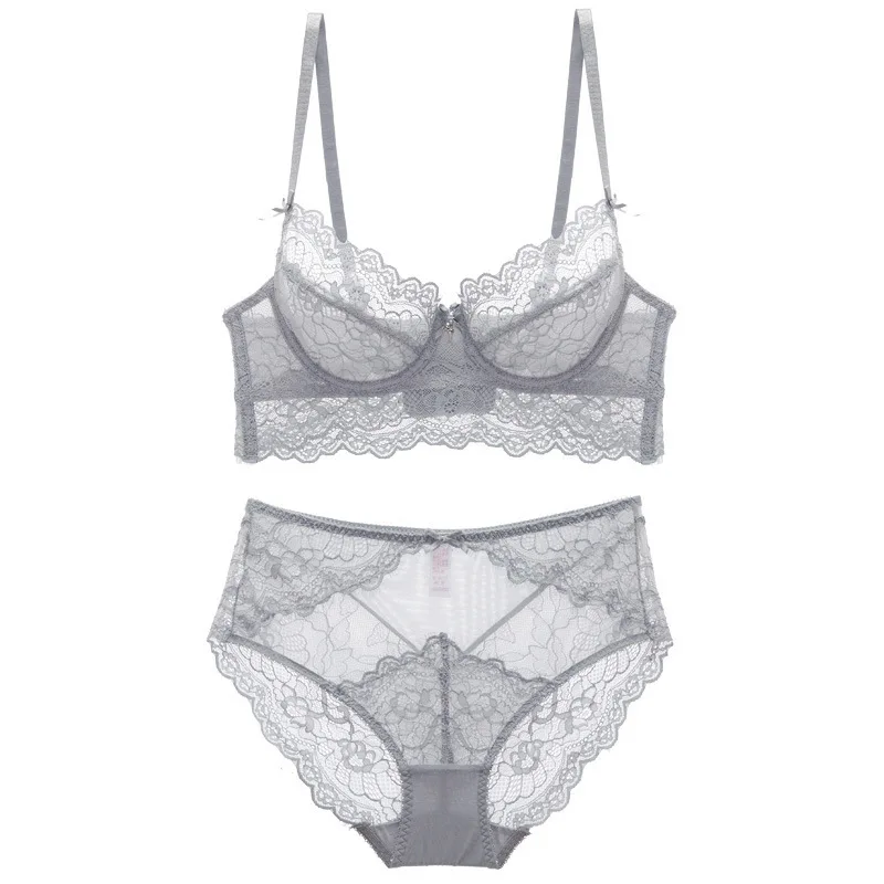 Серый New Women Bra Sets Ultra Thin Lace Sexy bra Sets Sexy Lace Bra+ Panties Sets - Цвет: Серый