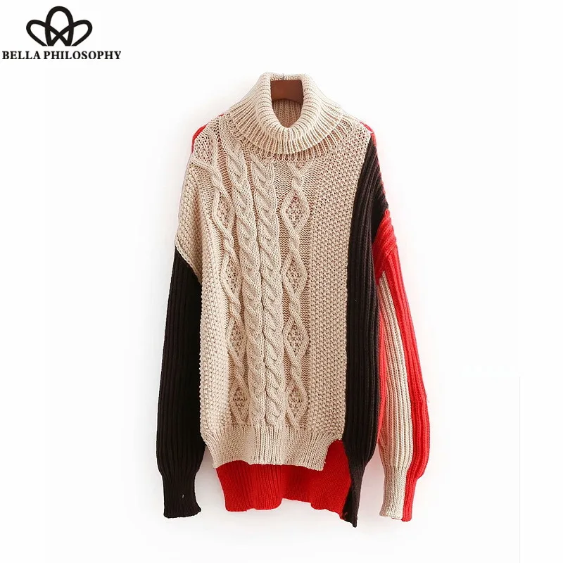 Wonder 2018 color matching crocheted knitted loose sweater long sleeve turtleneck pullovers autumn winter female casual wear top
