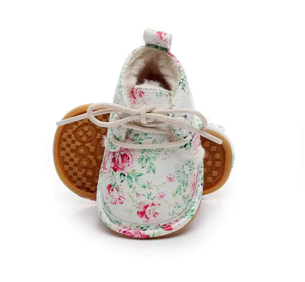 VIP Dropshiping lace up floral printing baby moccasins super warm PU leather fur winter baby shoes toddler girls boys snow boots - Цвет: Flower