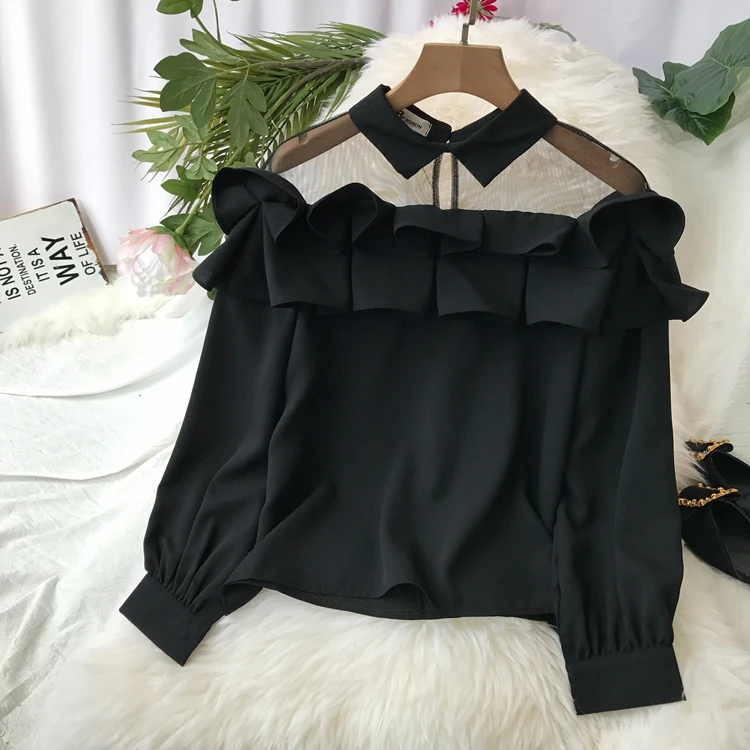 

JOYINPARTY Mesh See-through Patchwork Shirts Turn-down Collar Solid Ruffles Blusas Long Sleeve Autumn Chiffon Women Blouse
