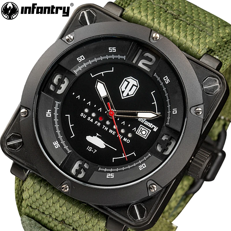 

INFANTRY Men Sports Military Quartz Watches Top Luxury Brand Square Face Waterproof Clock Nylon Strap Wrist watch World Of Tanks