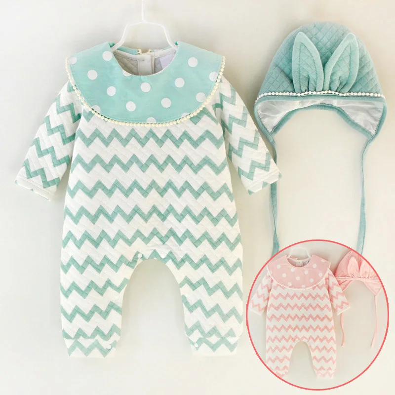 

New Fall Winter Baby Girl Cotton Striped Dot Jumpsuit Rompe Overall with Ear Cap Green Pink Infant Clothes Born Gift 3m 6m