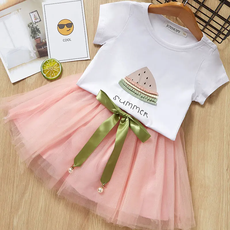 Детское летнее платье г. Повседневный стиль, комплект одежды с круглым вырезом для девочек, белая кружевная футболка+ юбка, костюмы без рукавов для девочек детская одежда - Цвет: W pink