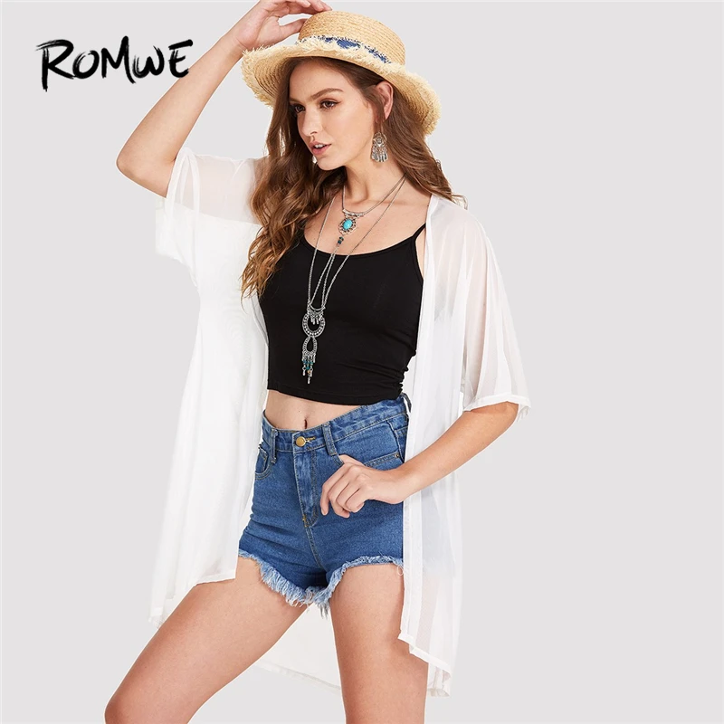 

Romwe Sport White Solid Half Sleeve Sheer Longline Kimono Women Summer Vacation Bohemian See Through Swimwear Coverups