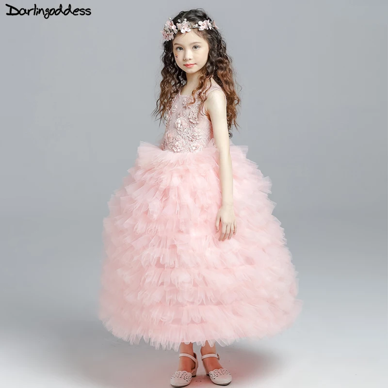 

Elegant Pink Flower Girl Dresses for Weddings Cloud Ball Gown Evening Party Dress for Girls Kids First Communion Dresses 2018