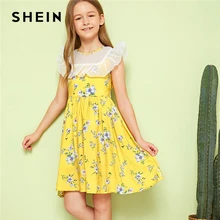 SHEIN/милое платье для девочек с контрастным сетчатым цветочным принтом и завязкой сзади; коллекция года; летние детские платья без рукавов с высокой талией и рюшами