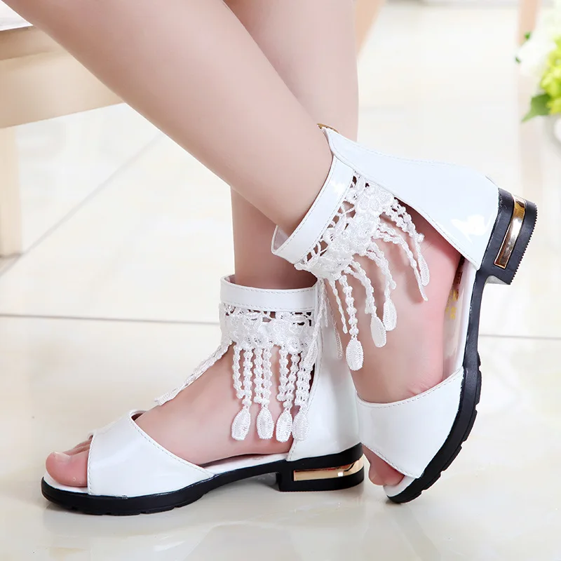 Girls Summer White Pink Tassel Sandals Boots For Teens Girls School Beach Princess Sandals Shoes 5 6 7 8 9 10 11 12 Years New