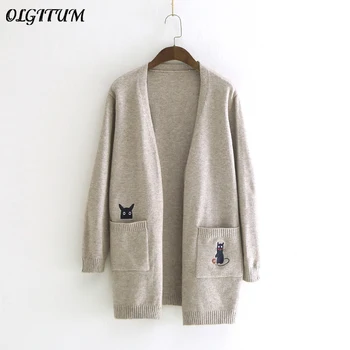 

2019 Fresh style Spring/Autumn Cardigan loose Cartoon cat embroidery hooded knitted sweaters Thin style jarket