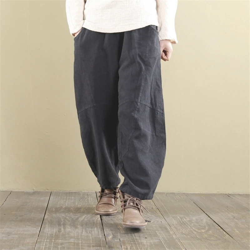 Linen Trouser Leg-Pants Vintage Johnature Women Elastic-Waist Loose Autumn Wide 8-Colour
